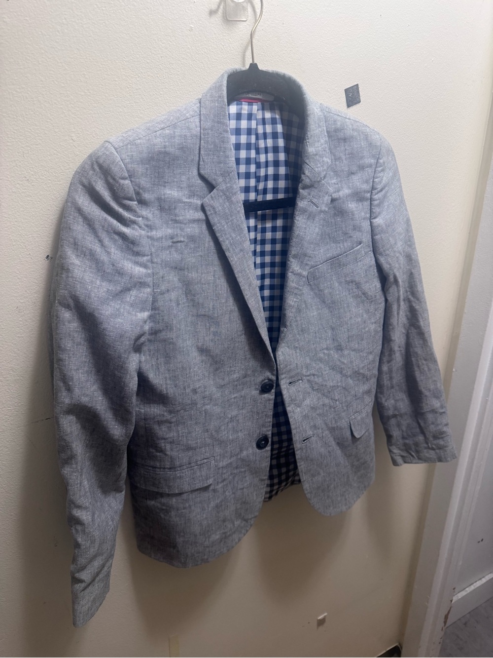 Nordstrom Light Gray Linen-Blend Boys' Blazer with Blue Check Lining size 14